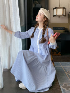 Blue Casual Slimming  Spring Bubble Sleeve Womens Dress Korean Style Button Splice Pleated Loose Waist Long Skirt