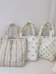 Spring Summer Fresh Purple Floral Handbag Small Square Zipper Womens Commuter Lunch Bag Casual Simple Style Soft Canvas Bag