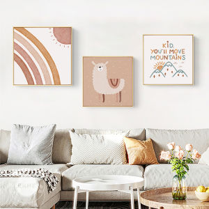 Nordic Style Girls Room Decorative Painting Rainbow Pink Cartoon Animal Simple Living Room Hanging Artwork with Frame Oil Canvas