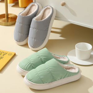Waterproof Thick Bottom Cotton Slippers Mens Outerwear Winter Warm Half Wrapped Heel Fleece Lined Slip-On Shoes Simple Style