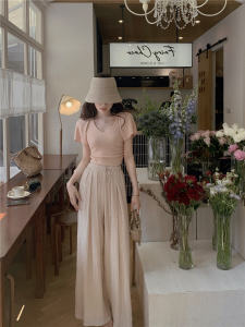 Summer Knitted Casual Wide Leg Pants Set Womens Fashionable Vibrant Anti-Aging Two-Piece Suit V-Neck Short Sleeve Vest Top