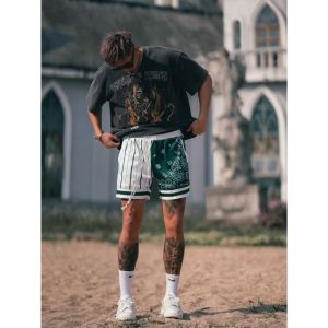 American Curry Retro Mesh Basketball Shorts Mens below the Knee Four Points Sports Fitness Graffiti Loose Casual Quick-Drying