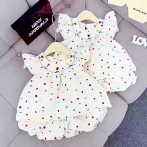 Bộ hè bé gái chấm bi thêu hoatay cánh tiên quần bí ngô (ảnh thật) 10-30kg XHN1714