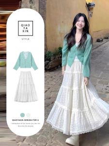 XUECAIQI | Slimming Elegant Outfit for Plus Size and Petite Women Lace Knit Top and Skirt Set