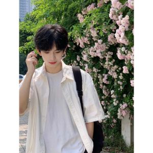 American Style Heavyweight Short Sleeve Shirt Men Summer Solid Color Collar Pocket Casual Cotton Pure Cotton Teenage White Shirt