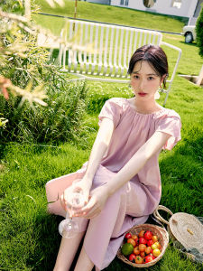 ชุดเดรสผู้หญิงหลวมสบายๆ สีชมพูอ่อน ทรงหลวมๆ สำหรับวันหยุด ผ้าฝ้ายผสมเส้นใยไหม แขนสั้น ฤดูร้อน 2024