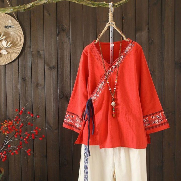 Lieoyuarn | เสื้อเชิ้ตผ้าฝ้าย-ลินินลายปักแบบจีนหลวม | Lazada.co.th