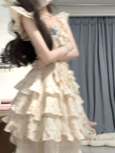 French Style Sweet Sensation Waist-Cinching Puffy Skirt Gown Gentle Breeze Short Sleeve U-Neck A-Line Dress Summer Collection