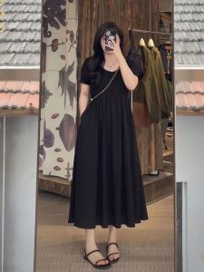 Qian Fu Lin Womens French Style Short Sleeve Dress Summer Large Size Body Shaping Slimmer A-Line Skirt Black Long Dress