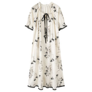 Miiow | Cat Woman Summer Sleep Dress Cotton Short Sleeve Womens Home Clothes With Chest Pad Can Be Worn Outside Lotus Lace Design