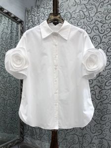 French Design Short Sleeve Womens Shirt 3D Flower Embellishment Slimming Summer New Style Commute Korean Loose Fit Polo Neck