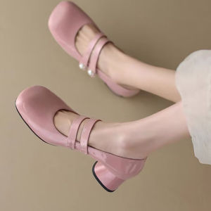 Fashionable Temperament: Red French Square Toe Block Heel Small Leather Shoes Womens Spring and Autumn with Skirt Mary Jane Single Shoes