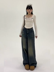 Japanese Women’s Vintage Wide-Leg Jeans Loose Fit Floor-Length Distressed Casual Streetwear