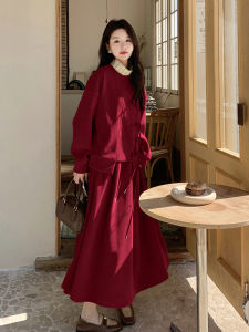 Red Chinese Style Sweater Skirt Set Womens Spring New Design Casual Loose Fit Long Sleeve round Neck Thermal Two-Piece Suit