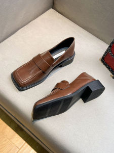 Uncle MJ Retro British Style Womens Fashionable Square Head Flats Chunky Heel Loafers All-Match Elegant Rubber Sole Shoes