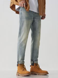 ROMON | Romon Mens Thickened Denim Jeans Straight Leg Casual Loose Fit Retro Elastic High End Casual Long Trousers For Autumn Winter