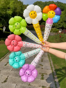 20 PCS Handheld Balloon Sticks Birthday Graduation Event Daisy Balloon Graduation Birthday Cute Smile Flower Balloons Party Decorations Interesting Gifts