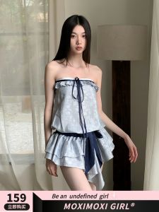 Váy Ngắn Không Tay Họa Tiết Sọc MOXI Mùa Hè Màu Xanh Nhạt Thêu Viền Màu Khối Rộng Rãi Không Đều