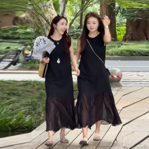 Sleeveless French Style Black Mesh Long Dress
