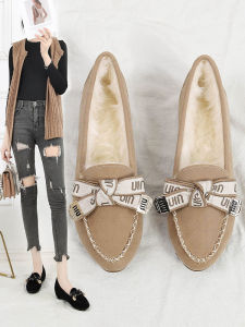 Womens Winter Wear Furry Loafers Work Shoes Heightening Slope Heel Warmth Insulated Bean Bean Shoes Korean Style Flat Heel