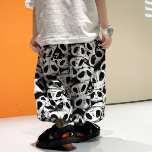 Lightweight Ice Silk Mosquito Proof Pants for Boys Cartoon Panda Design Summer Casual Long Pants Polyester Fiber Waistband