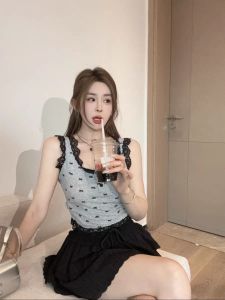 Slim Fit Butterfly Knot Print Lace Trim Vest Top Womens Base Shirt Inner Wear Short Style Commute Edition Bodycon Design