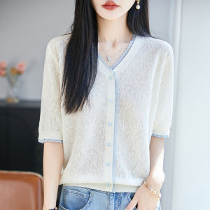 SHEHAN | Retro V-Neck Lace Trim Knit Cardigan Lightweight Slim