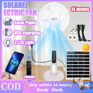 14 Inch Solar Electric Fan With Solar Panel Rechargeable Pedestal 10W Floor Fan 5-Speed Standing Fan With Remote Height-Adjustable Night Led Light 2 LED Light AC/DC Dual For Home Office Bedroom Outdoor