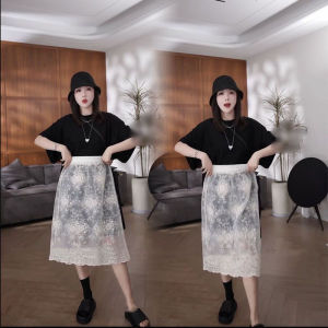 กระโปรงยาวปานกลางผ้าตาข่ายสไตล์ฝรั่งเศส กระโปรงทรงเอเอวสูง ฤดูร้อน 2024 แฟชั่น เรซิ่น โปร่งแสง ลายครอป ผ้าฝ้ายผสมโพลีเอสเตอร์