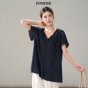 HTMEME | Korean Style V-Neck Pleated Short Sleeve Loose Hiding Fat Puff Sleeves Blouse