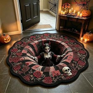 VIKAMA Halloween Mummy 3D Vortex Thảm Tròn Mềm Mại Chống Trơn Trượt Hoa Hồng Đầu Lâu Viền Sò Viền Thảm Tròn Cho Phòng Khách Trang Trí Ma Quái
