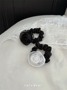 Classic Black and White Flower Hair Ties Rose Petal Tea Leaf Design Hair Bands for Women Fashionable French Style Hair Accessories