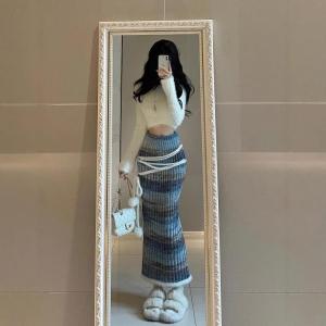 Soft Cozy Knitted Sweater Set Womens Autumn Winter High-End Fluffy Lazy Style Slimming Half Skirt Two-Piece Set Fashionable