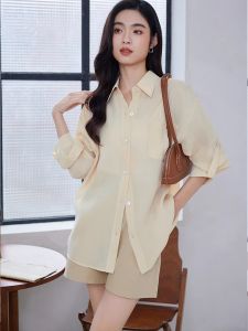 WANGGONGZHU | Princess Style Ice Silk Womens Summer Lightweight Loose Fit Sun Protection Shirt Simple Design Casual Top Fashion 2024