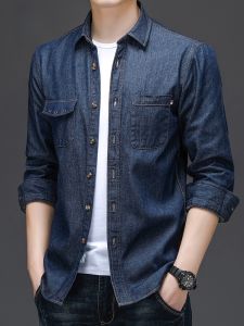 ROMON | Romon Mens Long Sleeve Casual Loose Fit Denim Shirt Fashionable Autumn Outerwear Youth Trendy Pure Color Button Up Shirt