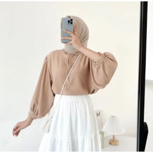 Elze Blouse Polos Shakilla Twill Atasan Kemeja Wanita Lengan Panjang Balon