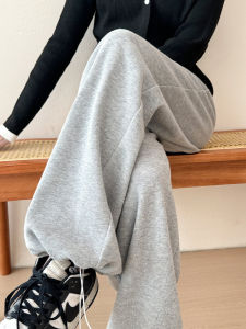 กางเกงกีฬาเอวสูงสีเทาสำหรับผู้หญิง กางเกงขายาวทรงหลวมสไตล์อเมริกัน กางเกงขายาวทรงหลวมสำหรับผู้หญิง ฤดูใบไม้ผลิและฤดูใบไม้ร่วง