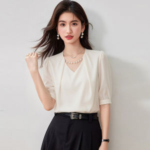 XUSHAN | V-Neck Puff Sleeve Summer Office Wear Gentle High-End Satin Chain Detailing Blouse