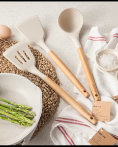 VK 3PCS Wooden Handle Non Stick Food Grade Silicone Kitchen Cooking Tool Utensils Set