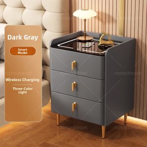 Smart Nightstand Luxury Sensation Solid Wood Home Bedroom Multi-Function Wireless Charging Bedside Cabinet Three Doors