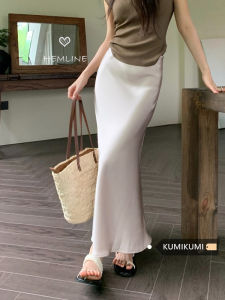 กระโปรงทรงหางปลาผ้าซาตินเอวสูง กระโปรงทรงยาวปานกลางสไตล์เกาหลี สีชมพู เอฟเฟกต์ตกแต่ง ฤดูใบไม้ผลิและฤดูร้อน