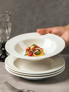 Yomerto | White Straw Hat Deep Pasta Plate Ceramic Elegant Home Dinner Plate