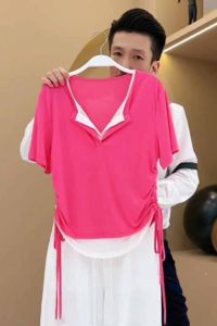 Áo Thun Nữ Tay Ngắn Cổ Chữ V Thời Trang Màu Khối Thiết Kế Dây Rút Ôm Vừa Vặn Mùa Hè Mới Độc Đáo Áo Thun Polyester Thường Ngày