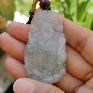 High Quality Icy Translucent Light Green Natural Type A Jadeite Jade crafted with Fortune God as Pendant certificate weighs 16.37 grams measurement 50.8 * 29.2 * 6 mm (pendant265)