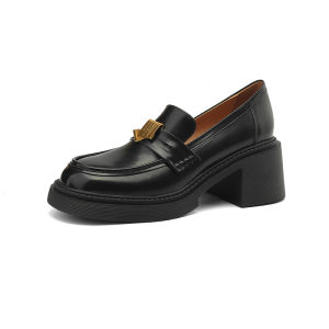 Retro Style High Heel Loafers Womens 2025 Model Genuine Leather Gold Coin Thick Bottom Small Leather Shoes Easy to Wear Fashion