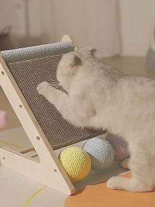 Cardboard Cat Scratcher Corrugated Paper Kitten Scratching Pad Inclined Scratch Board with Solid Wood Frame 3-in-1 Pet Scratcher Toy with Sisal Post and Balls for Indoor Cat Kitty