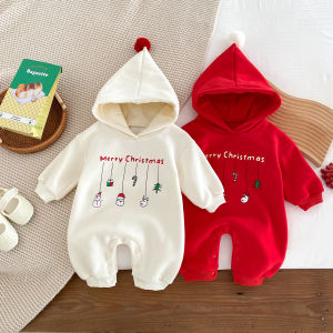 Infant Autumn and Winter Christmas Plus Velvet Hooded Jumpsuit Newborn Cute Plus Velvet Hooded Jumpsuit Suitable for Festivals