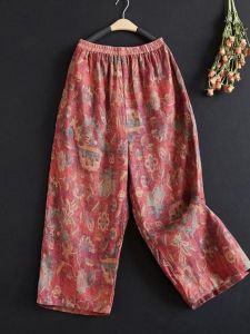 กางเกงขายาวทรงหลวมพิมพ์ลายย้อนยุคสไตล์ชาติพันธุ์สำหรับผู้หญิงไซส์ใหญ่ กางเกงขายาวทรงหลวมสบาย ๆ สำหรับฤดูร้อน กางเกงขายาวทรงหลวม 9 ฟุต