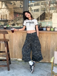 FASHLOVER Army Green Camouflage Cropped Pants Wide Leg Jeans Women Large Pocket Loose Cargo Pants