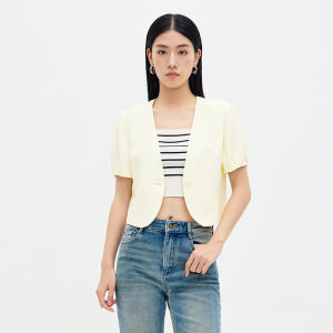 Sedate Minimalist Short Sleeve V-Neck Acetate Womens Jacket European Style No-Collar Mini-Suit Summer Fashion Outerwear